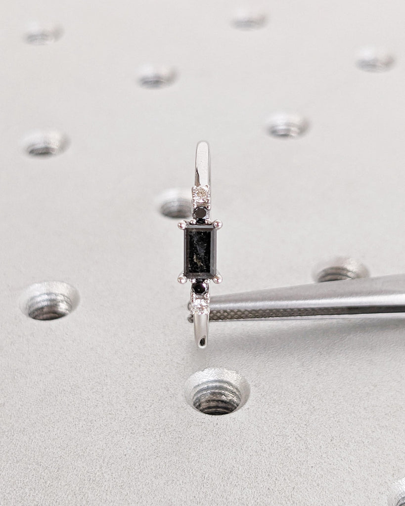 Salt and Pepper Diamond Baguette Ring, White Gold Diamond Ring, Art Deco Baguette Diamond Ring, Dainty Stacking Ring, Promise Ring for Her image #8