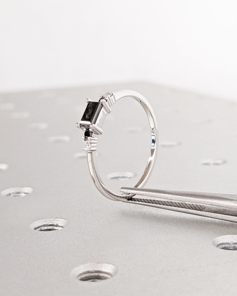 Salt and Pepper Diamond Baguette Ring, White Gold Diamond Ring, Art Deco Baguette Diamond Ring, Dainty Stacking Ring, Promise Ring for Her image #10