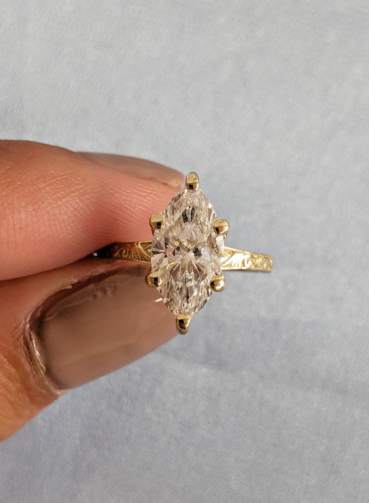 Marquise Lab Grown Diamond Engagement Ring, 14K Yellow Gold Filigree Ring, Vintage Inspired Solitaire, Elegant Bridal Ring, Promise Ring image #2