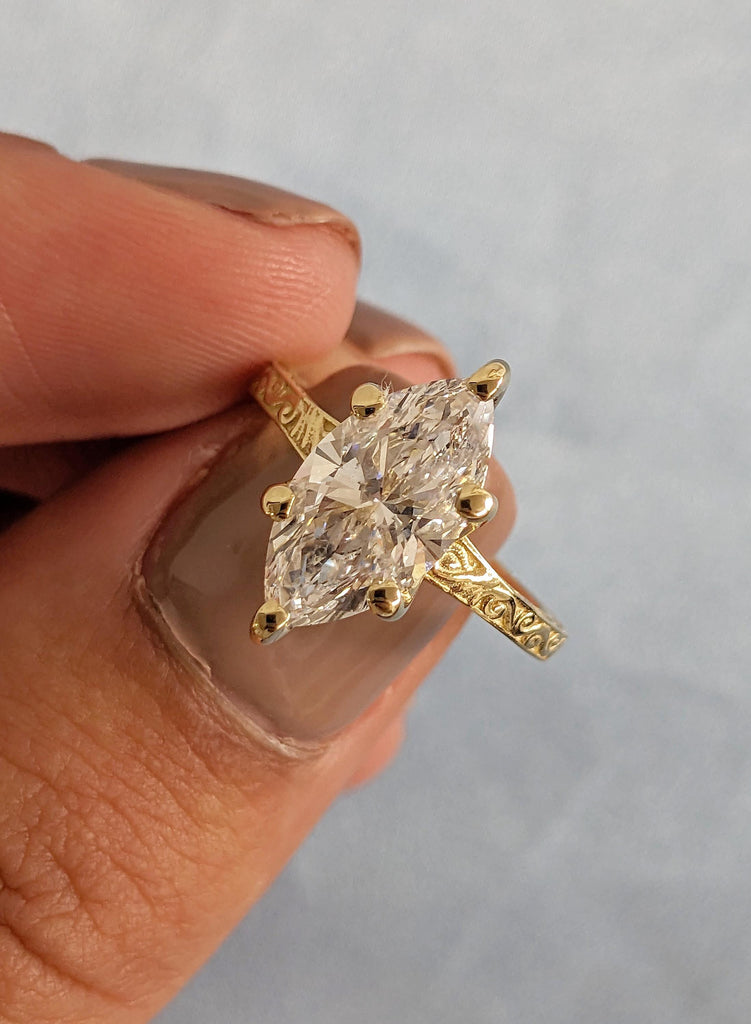 Marquise Lab Grown Diamond Engagement Ring, 14K Yellow Gold Filigree Ring, Vintage Inspired Solitaire, Elegant Bridal Ring, Promise Ring image #3