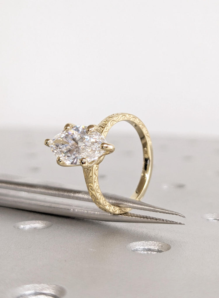 14K Yellow Gold Marquise Moissanite Ring, Filigree Engagement Ring, Vintage Style Bridal Solitaire, Wedding Anniversary Promise Ring For Her image #8