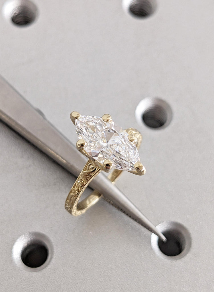14K Yellow Gold Marquise Moissanite Ring, Filigree Engagement Ring, Vintage Style Bridal Solitaire, Wedding Anniversary Promise Ring For Her image #7