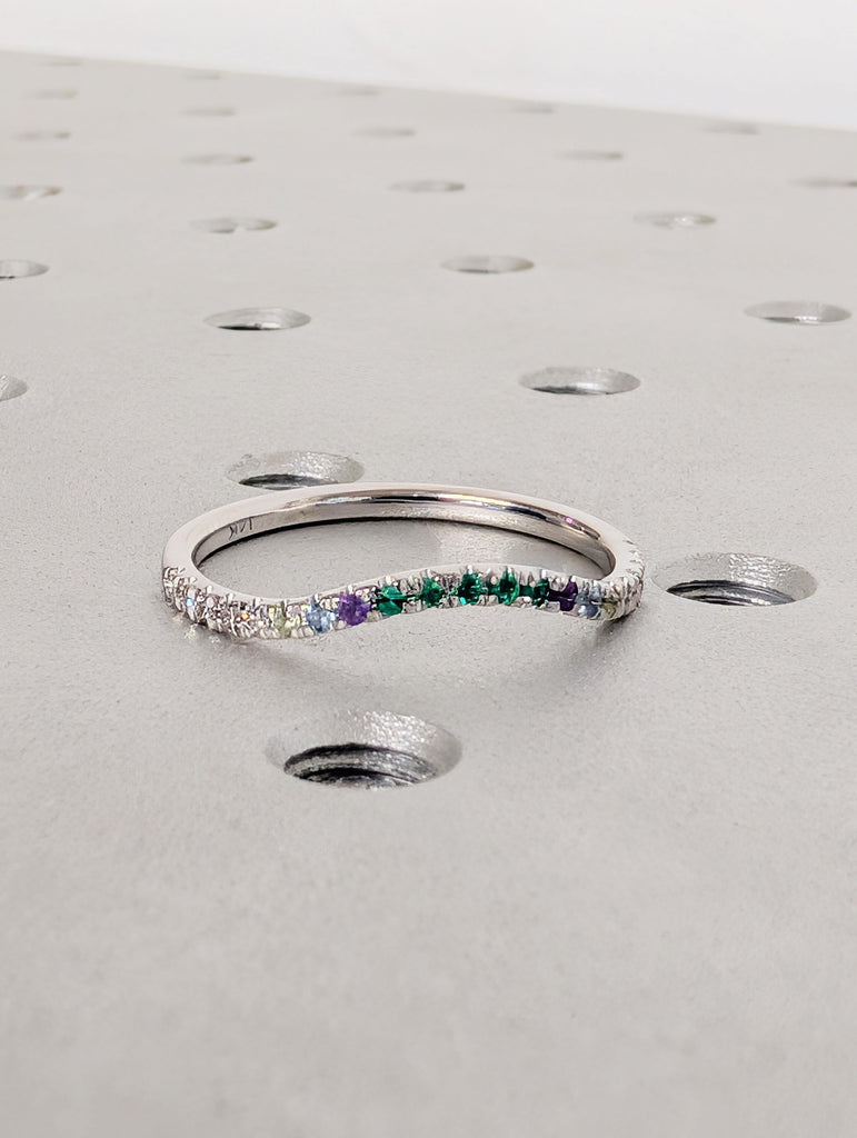 Multi Gemstone Half Eternity Matching Band, Rainbow Pavé Birthstone, 14K White Gold Stacking Ring, Dainty Promise Ring image #2