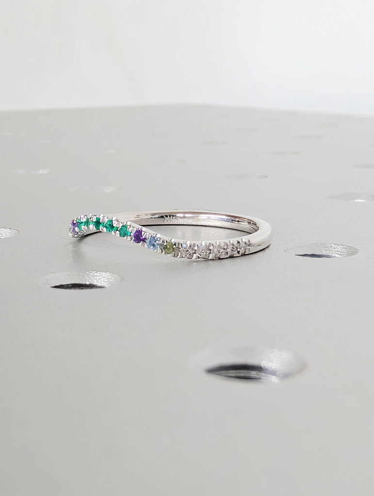 Multi Gemstone Half Eternity Matching Band, Rainbow Pavé Birthstone, 14K White Gold Stacking Ring, Dainty Promise Ring image #4
