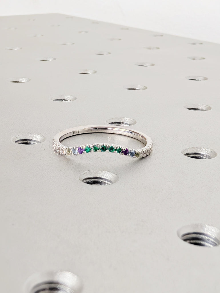 Petite Colourful Matching Engagement Ring, Half Eternity Pavé Lab Grown Diamond, 14K Solid White Gold Promise Ring, Women's Stackable Ring image #5