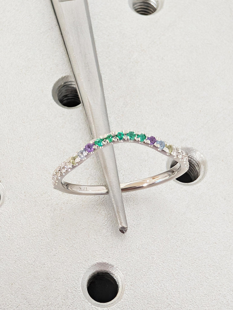 Multi Gemstone Half Eternity Matching Band, Rainbow Pavé Birthstone, 14K White Gold Stacking Ring, Dainty Promise Ring image #8