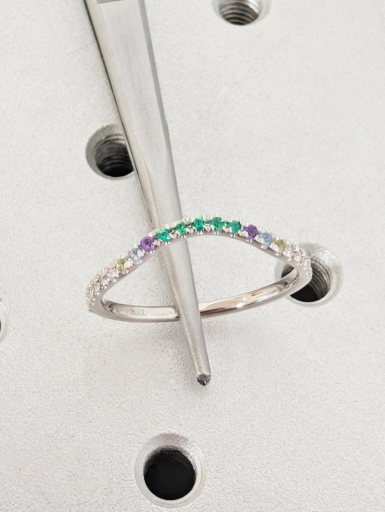 Petite Colourful Matching Engagement Ring, Half Eternity Pavé Lab Grown Diamond, 14K Solid White Gold Promise Ring, Women's Stackable Ring image #8