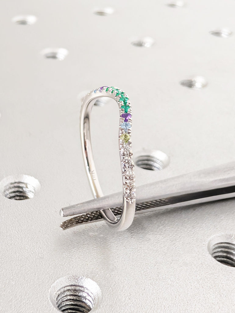 Multi Gemstone Half Eternity Matching Band, Rainbow Pavé Birthstone, 14K White Gold Stacking Ring, Dainty Promise Ring image #10