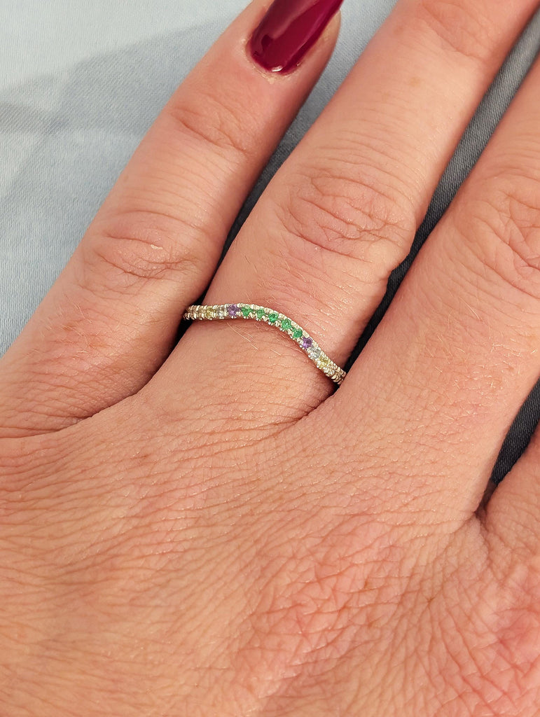 Multi Gemstone Half Eternity Matching Band, Rainbow Pavé Birthstone, 14K White Gold Stacking Ring, Dainty Promise Ring image #11
