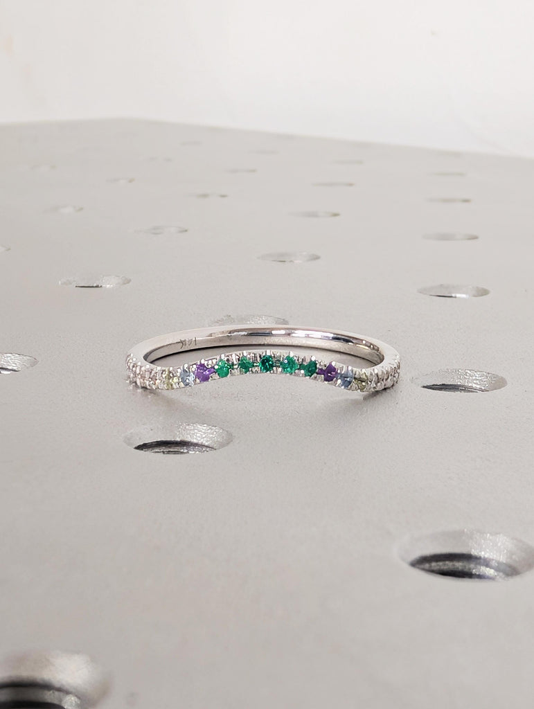 Multi Gemstone Half Eternity Matching Band, Rainbow Pavé Birthstone, 14K White Gold Stacking Ring, Dainty Promise Ring