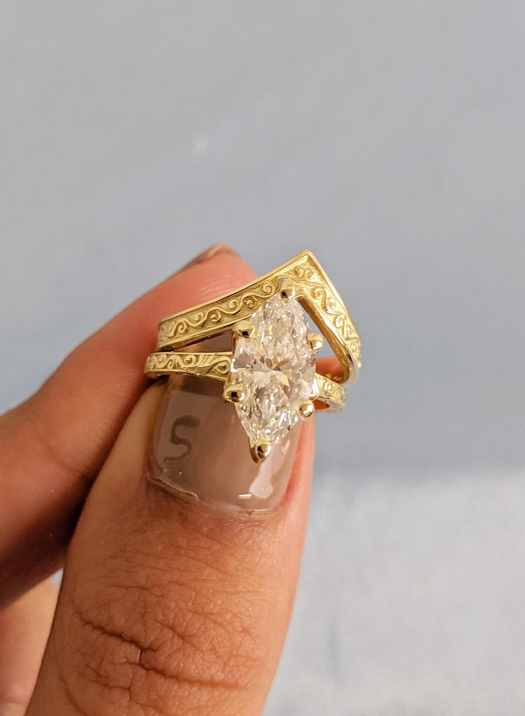 Marquise Lab Grown Diamond Engagement Ring with Matching Wedding Band, 14K Yellow Gold Filigree Bridal Set, Engagement Ring Set, Jewelry Set image #7