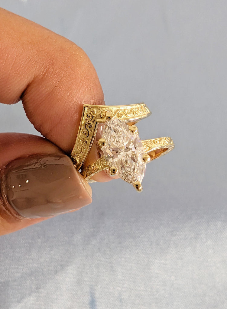 Marquise Lab Grown Diamond Engagement Ring with Matching Wedding Band, 14K Yellow Gold Filigree Bridal Set, Engagement Ring Set, Jewelry Set image #5