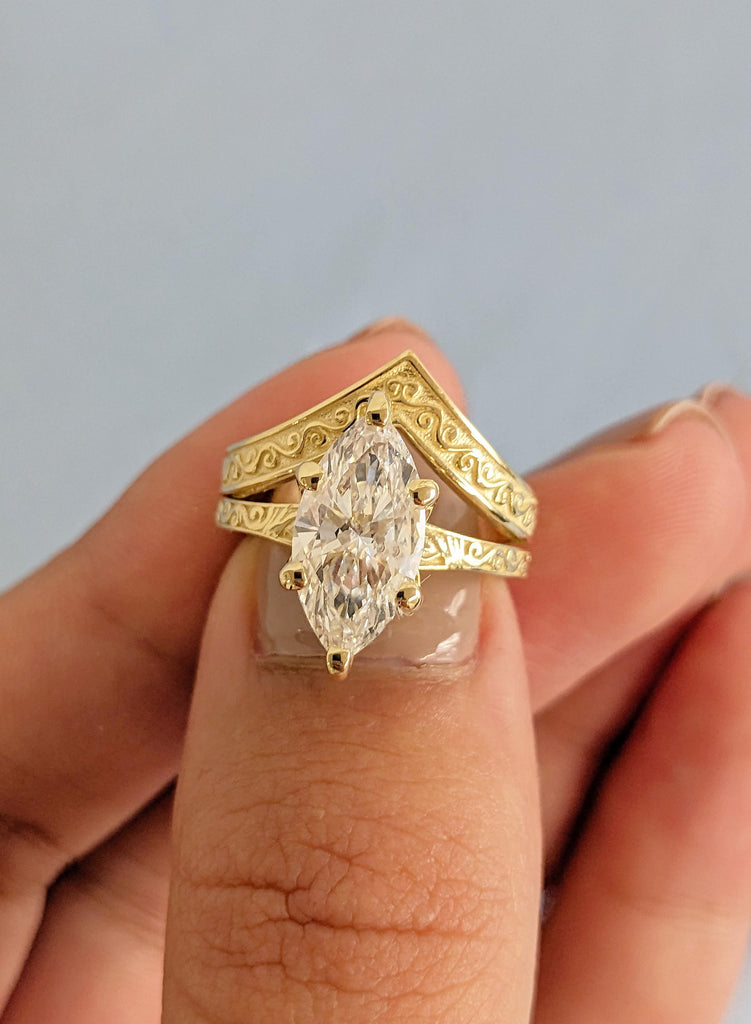 Marquise Lab Grown Diamond Engagement Ring with Matching Wedding Band, 14K Yellow Gold Filigree Bridal Set, Engagement Ring Set, Jewelry Set image #6