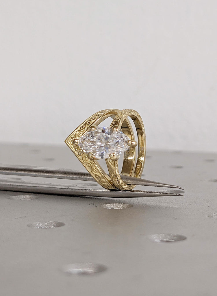 Marquise Lab Grown Diamond Engagement Ring with Matching Wedding Band, 14K Yellow Gold Filigree Bridal Set, Engagement Ring Set, Jewelry Set image #10