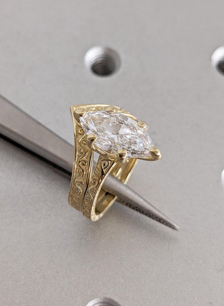 Marquise Lab Grown Diamond Engagement Ring with Matching Wedding Band, 14K Yellow Gold Filigree Bridal Set, Engagement Ring Set, Jewelry Set image #11