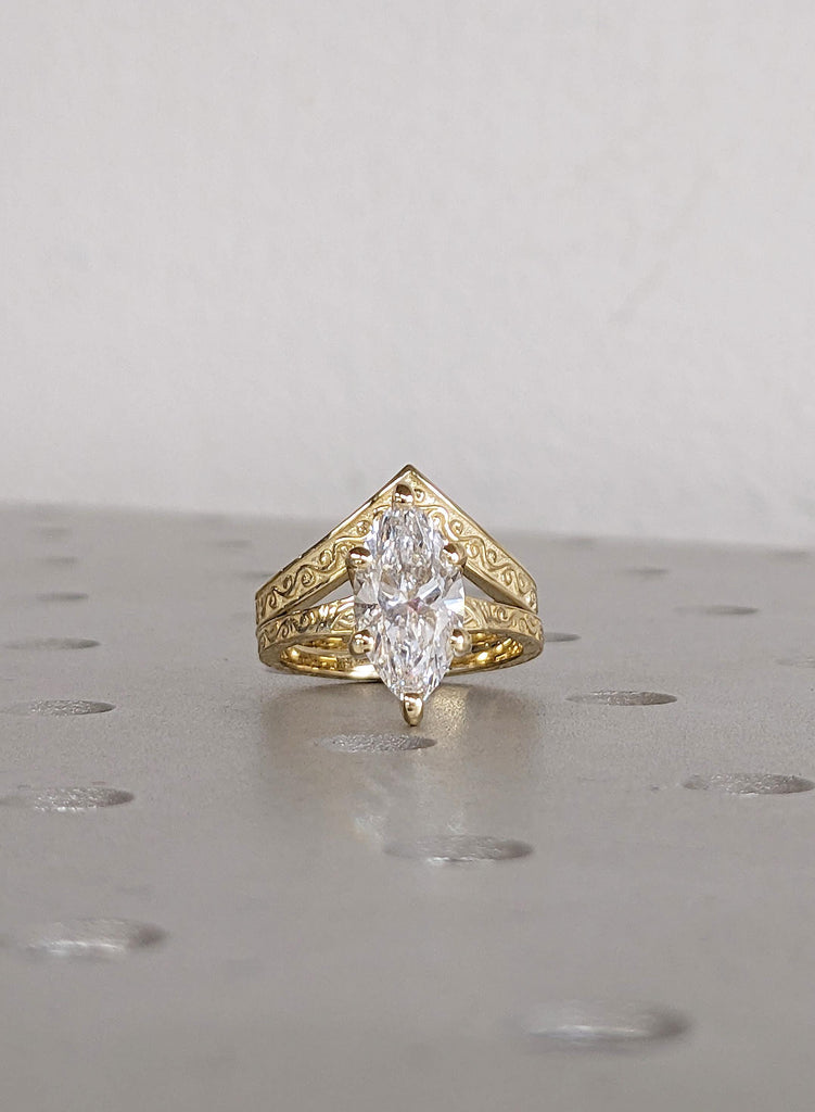 Marquise Lab Grown Diamond Engagement Ring with Matching Wedding Band, 14K Yellow Gold Filigree Bridal Set, Engagement Ring Set, Jewelry Set image #2