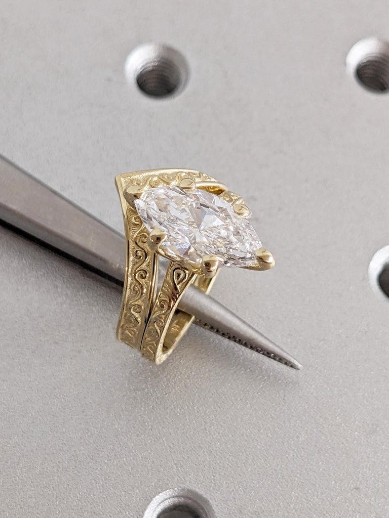 Marquise Lab Grown Diamond Engagement Ring with Matching Wedding Band, 14K Yellow Gold Filigree Bridal Set, Engagement Ring Set, Jewelry Set image #8
