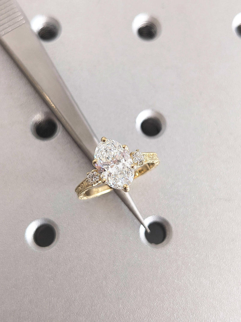 14K Solid Yellow Gold Oval Shaped Moissanite Ring, Custom Handmade Filigree Wedding Band, Vintage Bridal Jewelry