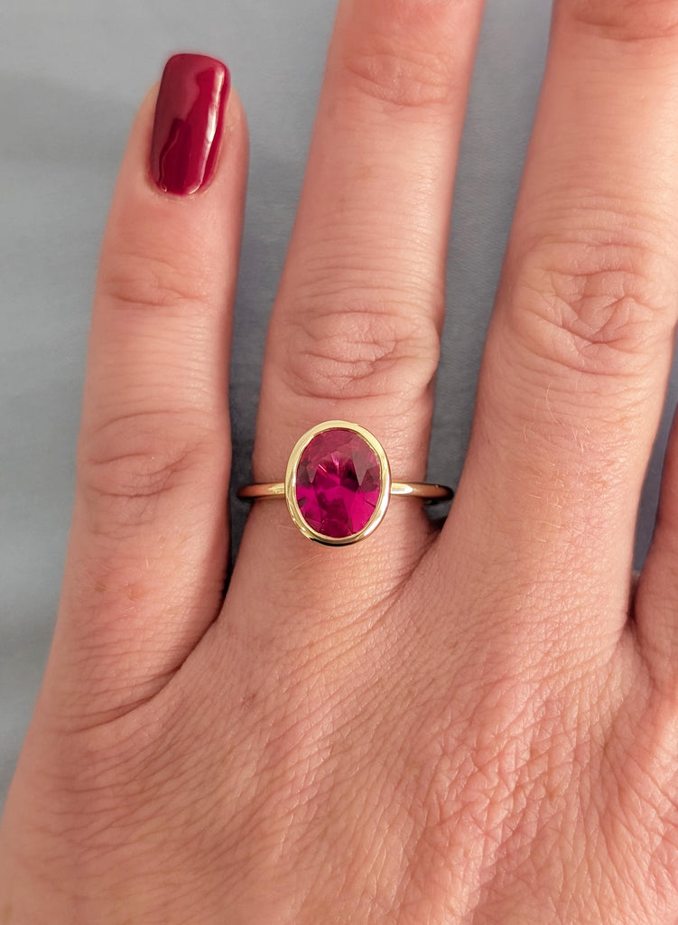 Ruby Ring, Lab Ruby Engagement Ring, Dainty 14K Yellow Gold Oval Cut Ring, Woman's Wedding Ring, July Birthstone Ring, Gemstone Ring For Her image #3