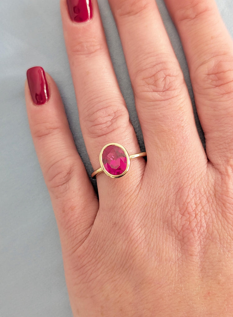 Ruby Ring, Lab Ruby Engagement Ring, Dainty 14K Yellow Gold Oval Cut Ring, Woman's Wedding Ring, July Birthstone Ring, Gemstone Ring For Her image #5