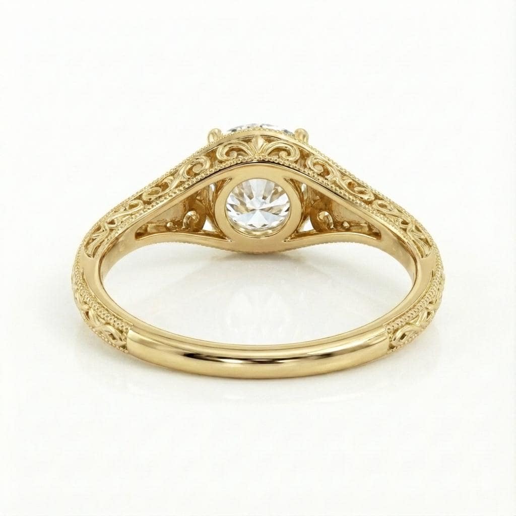 Vintage Filigree Moissanite Ring, Round cut Moissanite Engagement Ring, 14k Yellow Gold Antique Art Deco Wedding Ring, Victorian Style Ring image #4