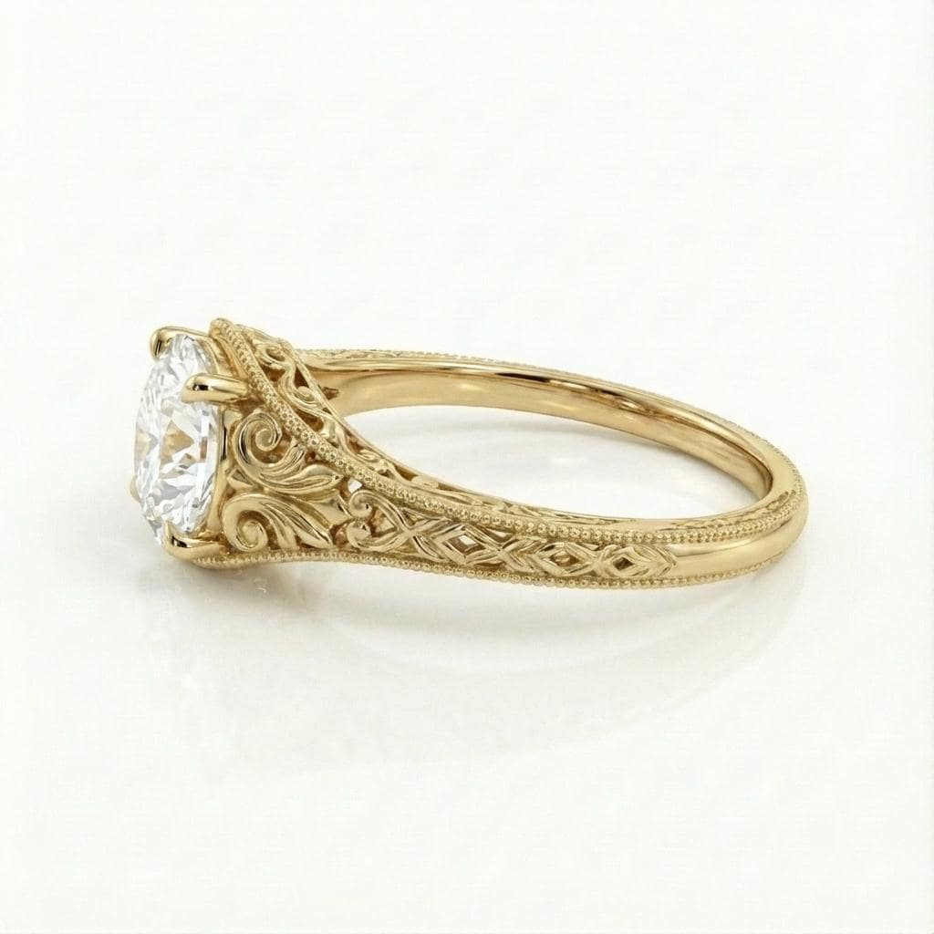 Vintage Filigree Moissanite Ring, Round cut Moissanite Engagement Ring, 14k Yellow Gold Antique Art Deco Wedding Ring, Victorian Style Ring image #3