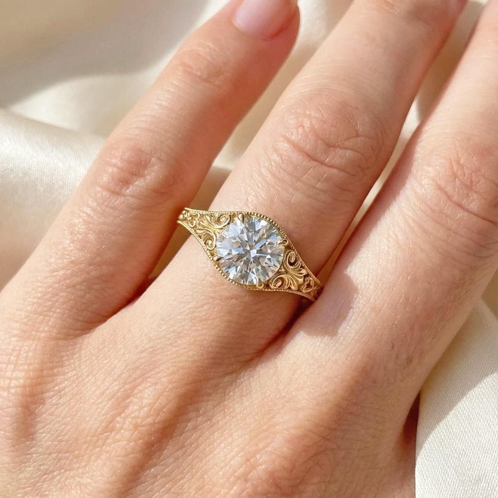 Vintage Filigree Moissanite Ring, Round cut Moissanite Engagement Ring, 14k Yellow Gold Antique Art Deco Wedding Ring, Victorian Style Ring image #5