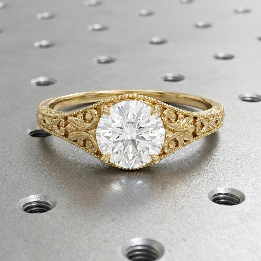 Vintage Moissanite Wedding Ring: 14k Yellow Gold, Art Deco Filigree, Handmade Bridal Jewelry, Statement Cocktail Ring image #5
