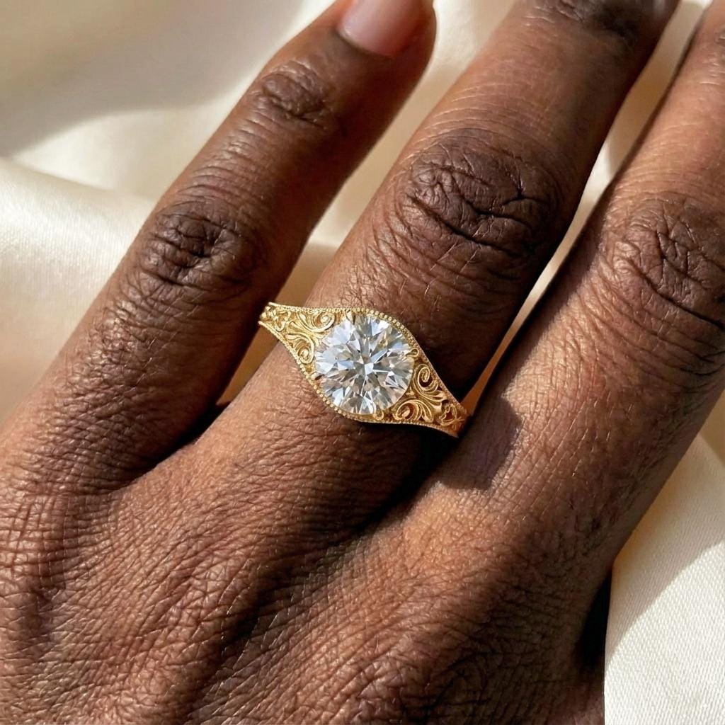 Vintage Filigree Lab Grown Diamond Ring | Round cut Lab Diamond Engagement Ring | 14K Solid Gold Art Deco Wedding Ring | Antique Style Ring image #4