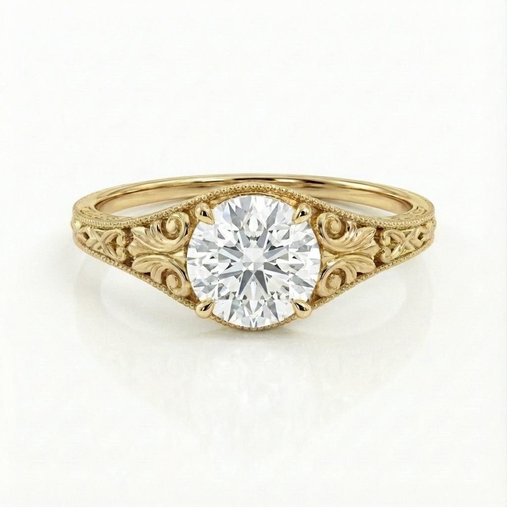 Vintage Filigree Lab Grown Diamond Ring | Round cut Lab Diamond Engagement Ring | 14K Solid Gold Art Deco Wedding Ring | Antique Style Ring