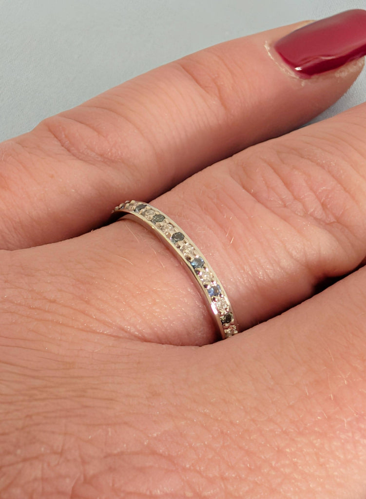 Blue Sapphire Wedding Band, Pave Round Moissanite Matching Rings, Platinum Stacking Ring, Teal Sapphire Diamond Wedding Ring, Everyday Rings image #7
