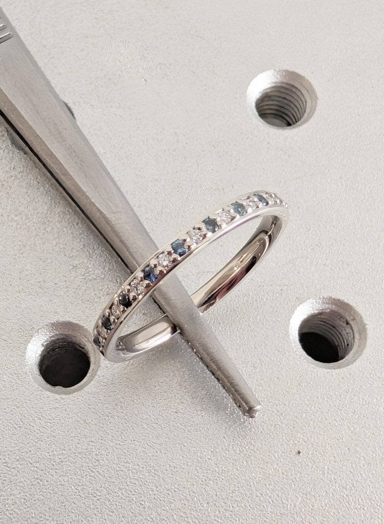Teal Blue Sapphire Wedding Band: Platinum Pave Diamond Stacking Ring image #9