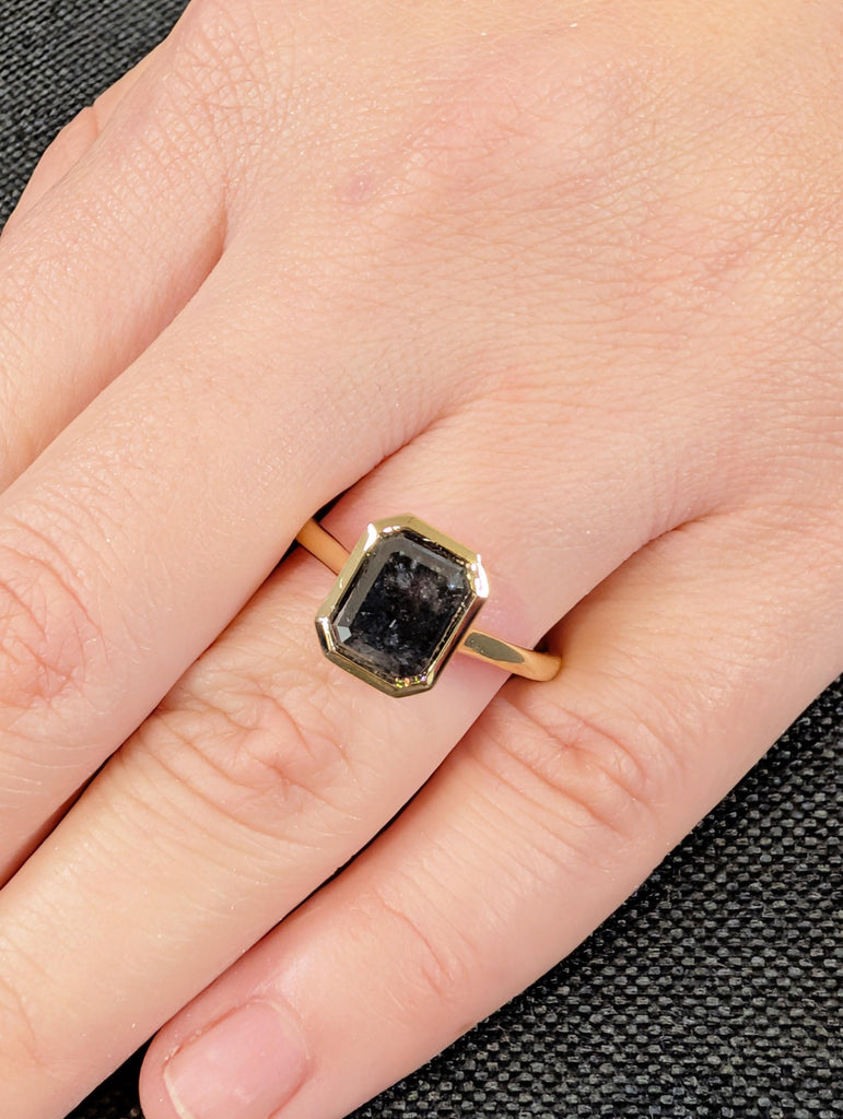 Salt and Pepper Diamond Ring, Emerald Cut Solitaire Ring, Bezel Set 18K Yellow Gold Engagement Ring, Wedding Ring, Promise Ring, Bridal Ring image #5