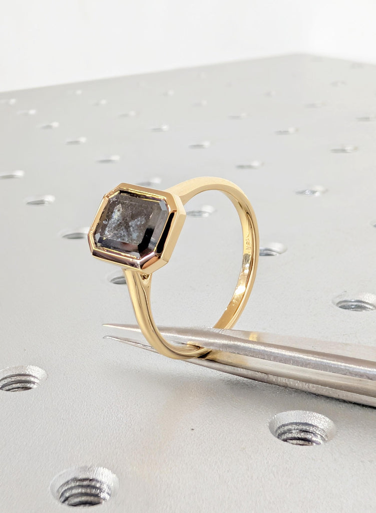 Salt and Pepper Diamond Ring, Emerald Cut Solitaire Ring, Bezel Set 18K Yellow Gold Engagement Ring, Wedding Ring, Promise Ring, Bridal Ring image #2