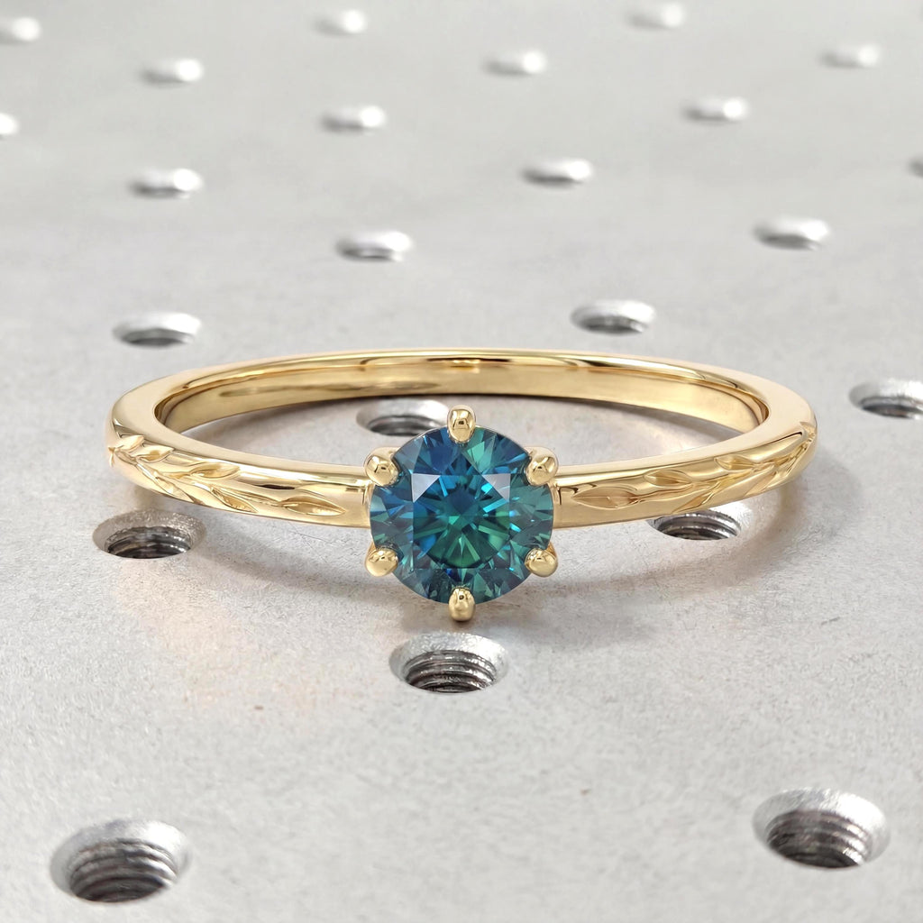 Olive Branch Ring Peacock Sapphire, 14K Solid Yellow Gold Solitaire Engagement Ring, Vintage Engraved Heirloom Band, Unique Wedding Ring image #2
