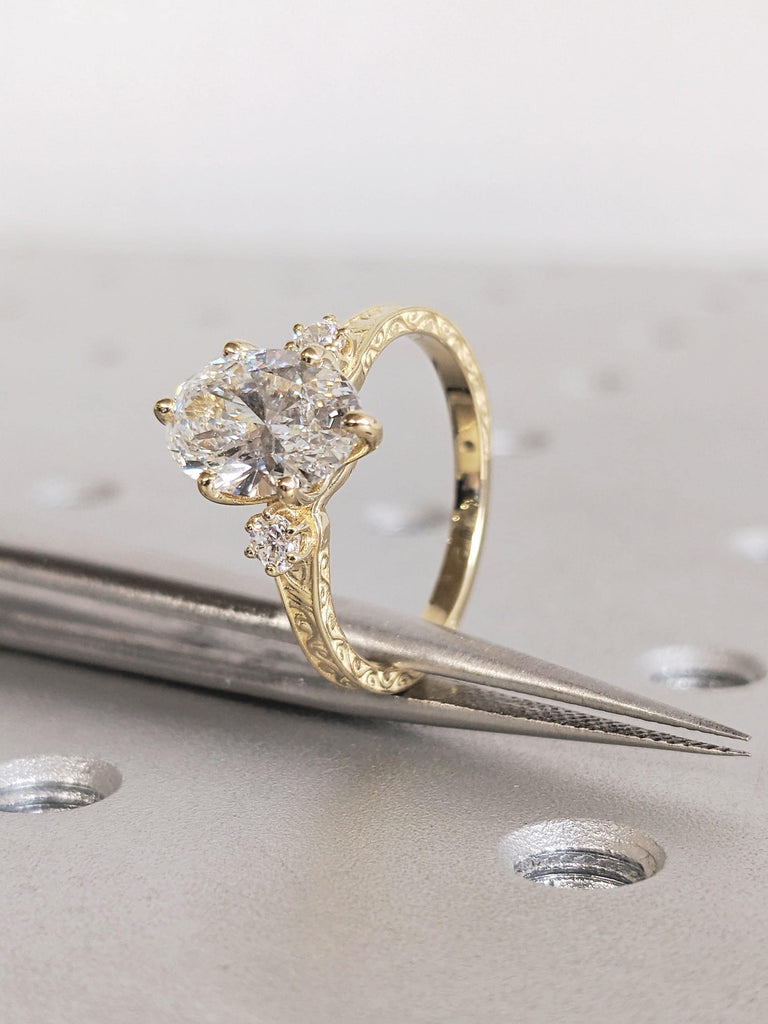 14K Solid Yellow Gold Vintage Lab Grown Diamond, Round Cut Lab Diamond Engagement Ring, Custom Engraved Filigree Band, Bridal Wedding Ring