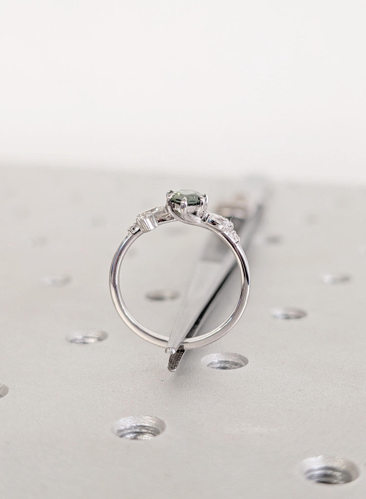 Sapphire Engagement Ring, 14K White Gold Pear Shaped Sapphire Ring, Nature Inspired Diamond Leaf Ring, Vintage Peacock Sapphire Wedding Ring image #3