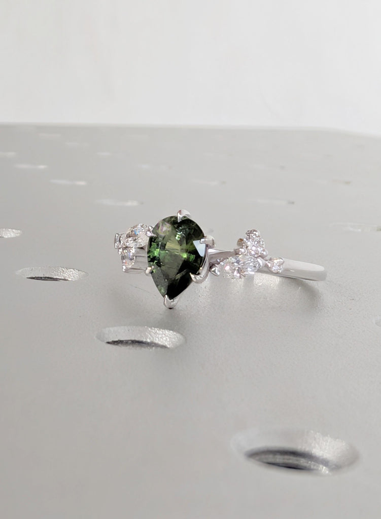Sapphire Engagement Ring, 14K White Gold Pear Shaped Sapphire Ring, Nature Inspired Diamond Leaf Ring, Vintage Peacock Sapphire Wedding Ring image #8