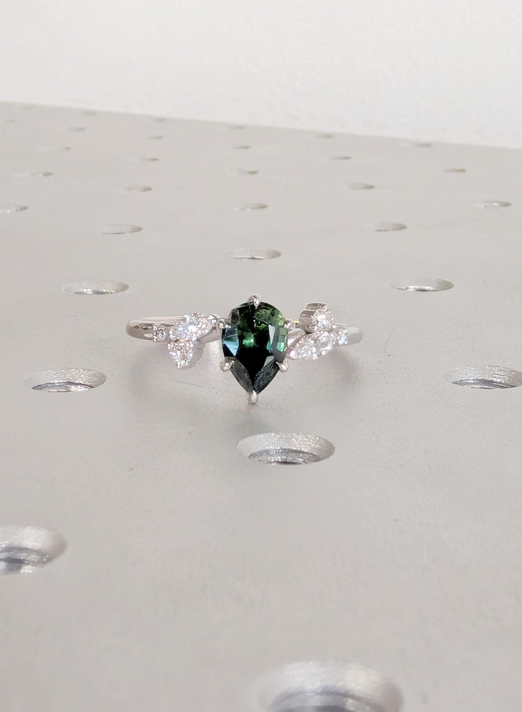 Sapphire Engagement Ring, 14K White Gold Pear Shaped Sapphire Ring, Nature Inspired Diamond Leaf Ring, Vintage Peacock Sapphire Wedding Ring image #9