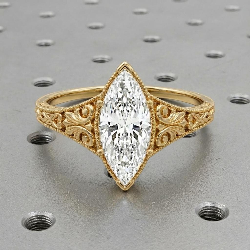 Filigree 14k Gold Solitaire Rings, Marquise Moissanite Ring, Vintage Engagement Ring image #3