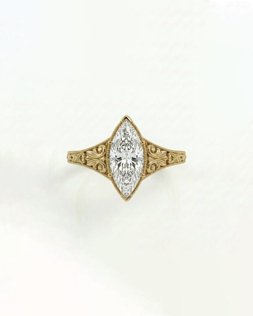 Filigree 14k Gold Solitaire Rings, Marquise Moissanite Ring, Vintage Engagement Ring image #5