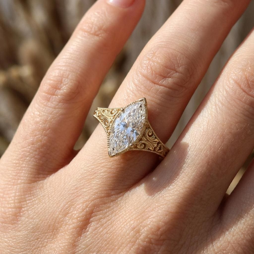 Vintage Marquise Engagement Ring, Solitaire 14k Yellow Gold Filigree Ring, Milgrain Lab Grown Diamond Ring, Art Deco Handmade Rings for Her image #2