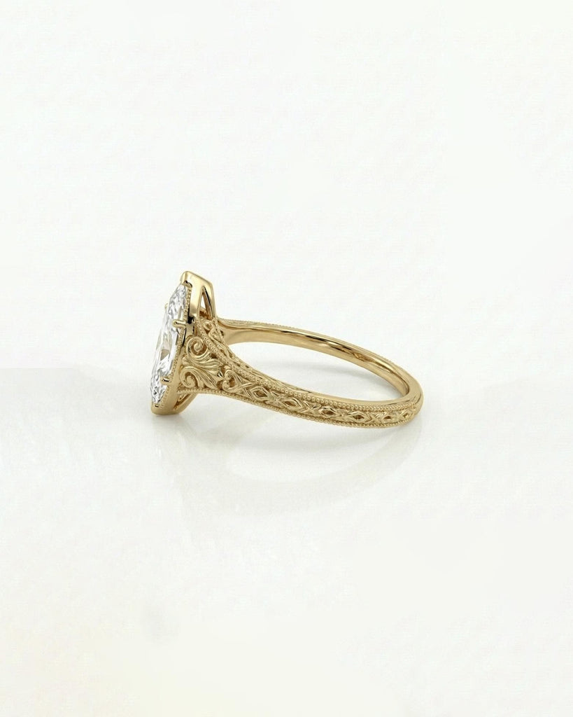 Vintage Marquise Engagement Ring, Solitaire 14k Yellow Gold Filigree Ring, Milgrain Lab Grown Diamond Ring, Art Deco Handmade Rings for Her image #3
