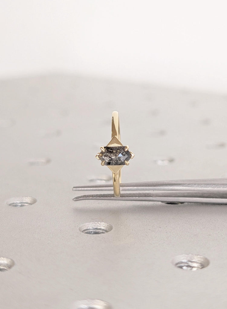 Hexagon Cut Salt and Pepper Diamond Ring, 14K Yellow Gold Engagement Rings, Talon Prong Setting, Gold Wedding Rings, Promise Ring For Her
