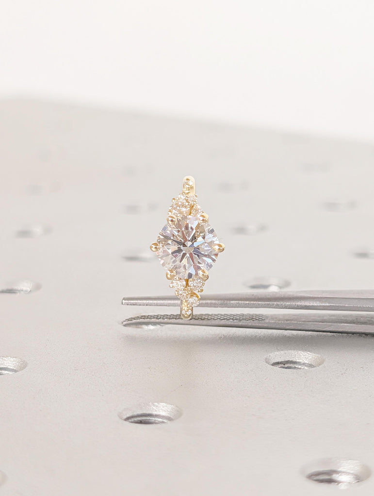 Round Moissanite Ring, Winter Engagement Ring, 18k Yellow Gold 6 Prongs Anniversary Ring for Women, Unique Snowdrift Cluster Diamond Ring image #5