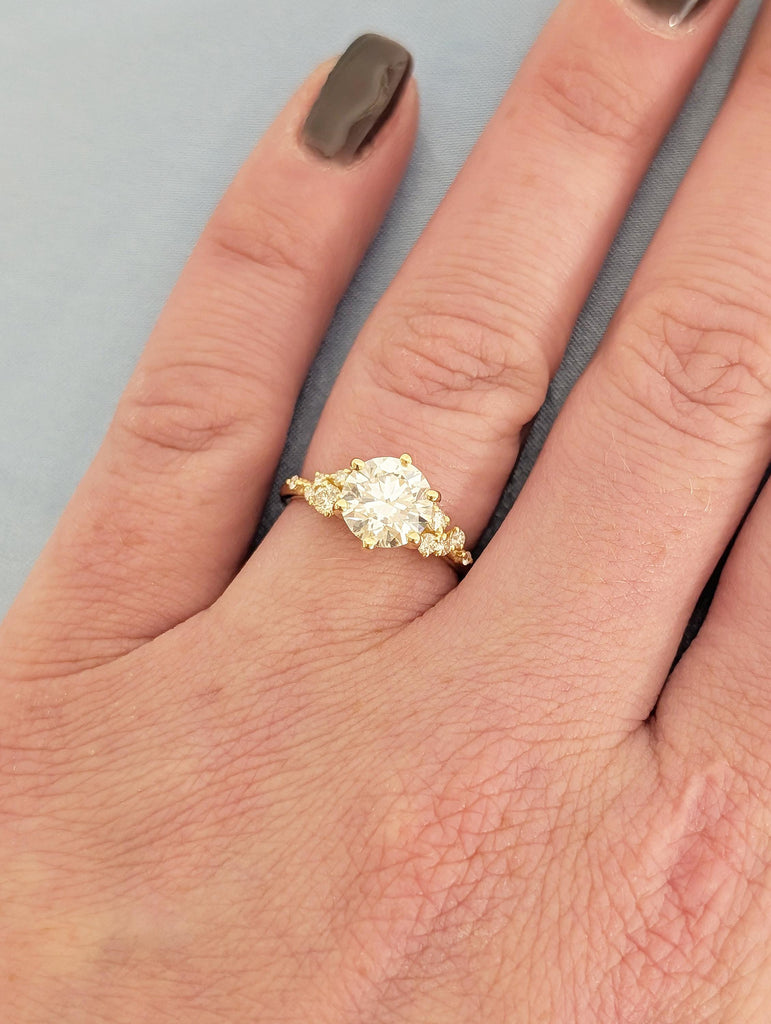 Round Moissanite Ring, Winter Engagement Ring, 18k Yellow Gold 6 Prongs Anniversary Ring for Women, Unique Snowdrift Cluster Diamond Ring image #13