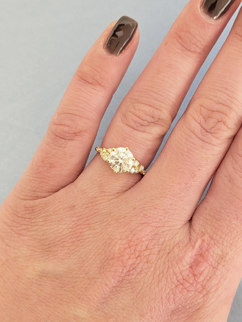 Round Moissanite Ring, Winter Engagement Ring, 18k Yellow Gold 6 Prongs Anniversary Ring for Women, Unique Snowdrift Cluster Diamond Ring image #8