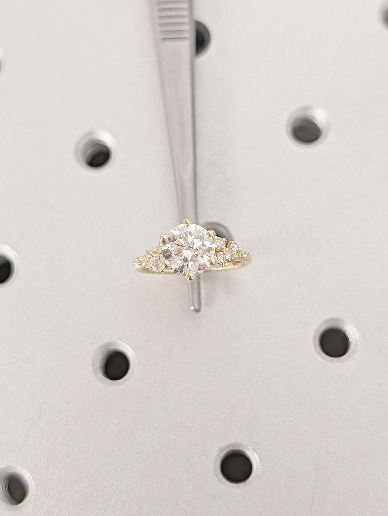 Round Moissanite Ring, Winter Engagement Ring, 18k Yellow Gold 6 Prongs Anniversary Ring for Women, Unique Snowdrift Cluster Diamond Ring image #12