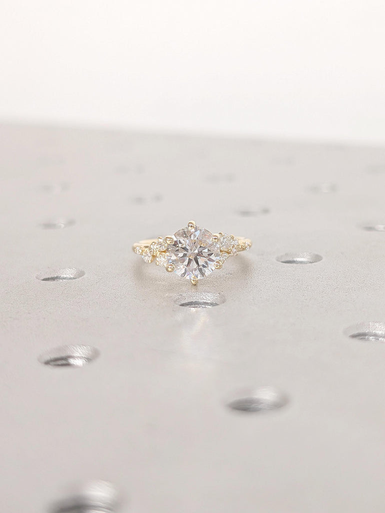 Round Moissanite Ring, Winter Engagement Ring, 18k Yellow Gold 6 Prongs Anniversary Ring for Women, Unique Snowdrift Cluster Diamond Ring image #9