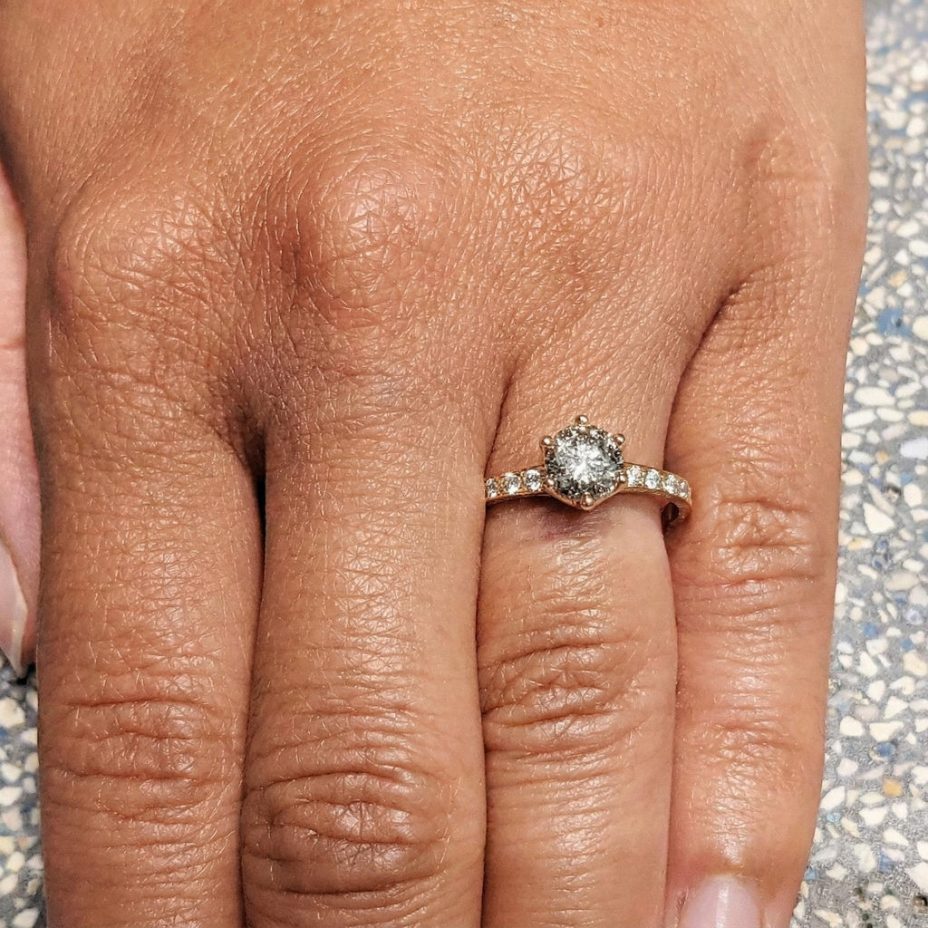 Vintage Round Salt And Pepper Diamond Engagement Ring, Art Deco Rose Gold Cluster Lab Diamond Ring, Delicate Statement Ring, Gift For Her